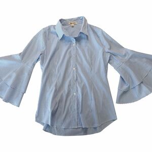 Elegant Blue Striped Blouse with Flared Sleeves